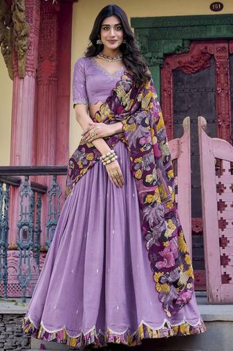Lavender Thread Work Vichitra Silk Lehenga Choli
