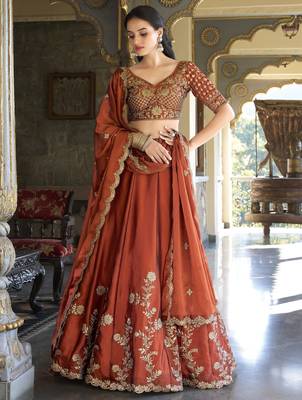 Orange Thread Embroidery Silk lehenga Choli 3