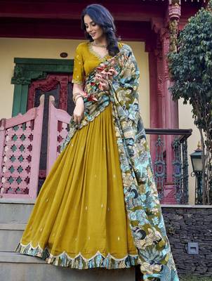 mustard yellow sequins vichitra silk lehenga set choli with dupatta 3
