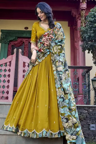 mustard yellow sequins vichitra silk lehenga set choli with dupatta
