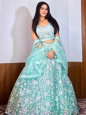 blue sequins net lehenga set choli with dupatta with dupatta 5