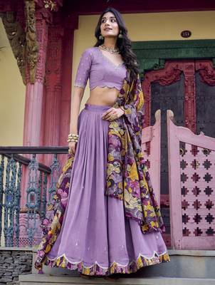 lavender thread work vichitra silk lehenga set choli with dupatta 3