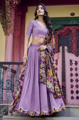 lavender thread work vichitra silk lehenga set choli with dupatta