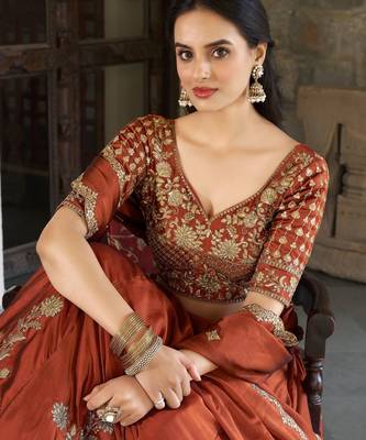 Orange Thread Embroidery Silk lehenga Choli 4