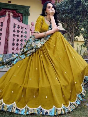 mustard yellow sequins vichitra silk lehenga set choli with dupatta 4