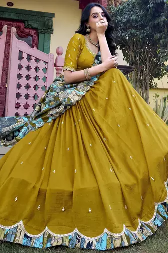 mustard yellow sequins vichitra silk lehenga set choli with dupatta