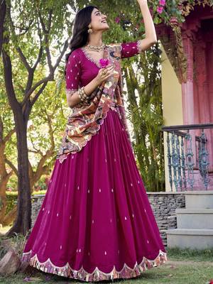 pink thread work vichitra silk lehenga set choli with dupatta 1
