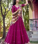 pink thread work vichitra silk lehenga set choli with dupatta