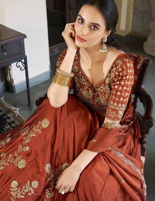 Orange Thread Embroidery Silk lehenga Choli 5