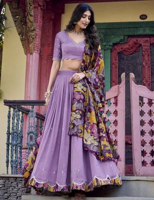 lavender thread work vichitra silk lehenga set choli with dupatta 4