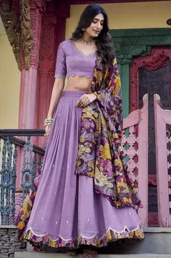 lavender thread work vichitra silk lehenga set choli with dupatta