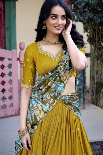 mustard yellow sequins vichitra silk lehenga set choli with dupatta