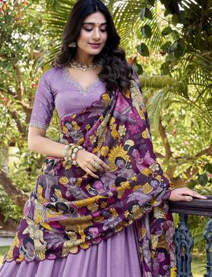 lavender thread work vichitra silk lehenga set choli with dupatta 5