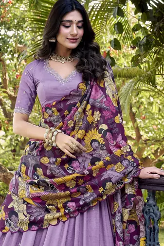 lavender thread work vichitra silk lehenga set choli with dupatta
