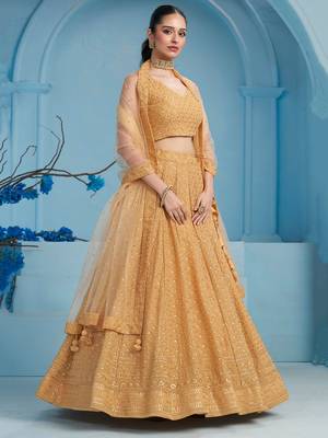 beige thread embroidered georgette lehenga set choli with dupatta 3