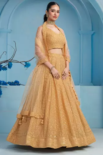 beige thread embroidered georgette lehenga set choli with dupatta