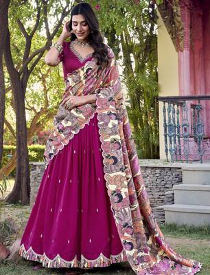 pink thread work vichitra silk lehenga set choli with dupatta 4