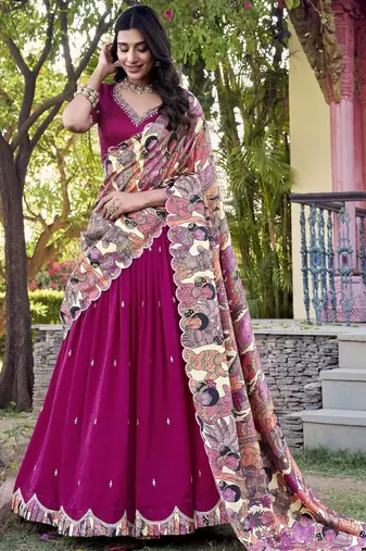 pink thread work vichitra silk lehenga set choli with dupatta