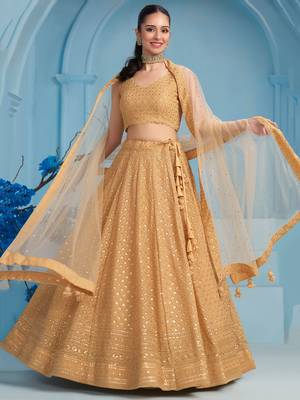 beige thread embroidered georgette lehenga set choli with dupatta 4