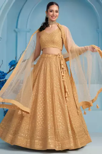 beige thread embroidered georgette lehenga set choli with dupatta