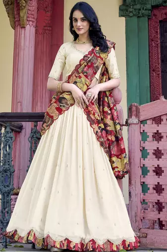 off white embroidered vichitra silk lehenga set choli with dupatta with dupatta