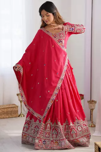 red coding work crepe silk lehenga set choli with dupatta