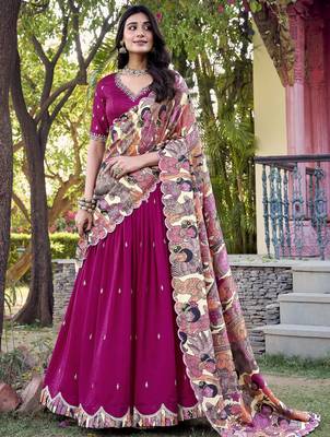 pink thread work vichitra silk lehenga set choli with dupatta 5