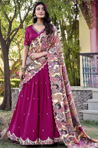 pink thread work vichitra silk lehenga set choli with dupatta