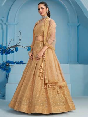 beige thread embroidered georgette lehenga set choli with dupatta 5