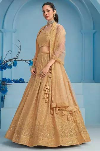 beige thread embroidered georgette lehenga set choli with dupatta