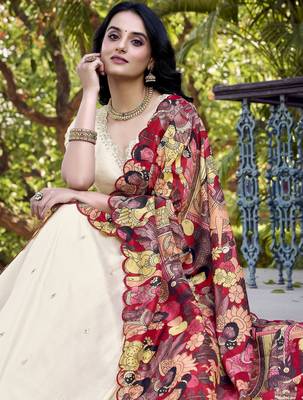 off white embroidered vichitra silk lehenga set choli with dupatta with dupatta 4