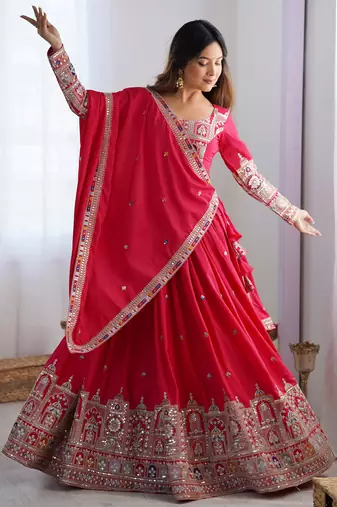 red coding work crepe silk lehenga set choli with dupatta