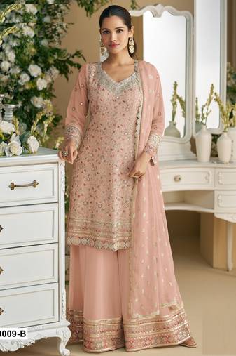 Peach Embroidered faux georgette Palazzo suit