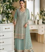 Sky-blue Embroidered faux georgette Palazzo suit
