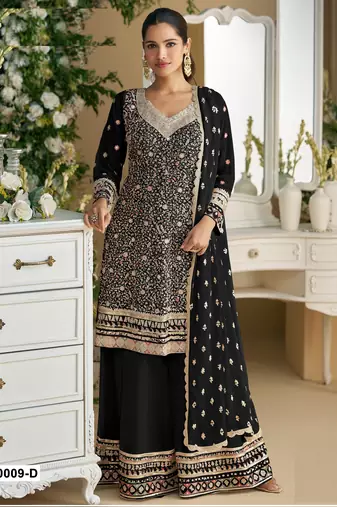 Black Embroidered faux georgette Palazzo suit