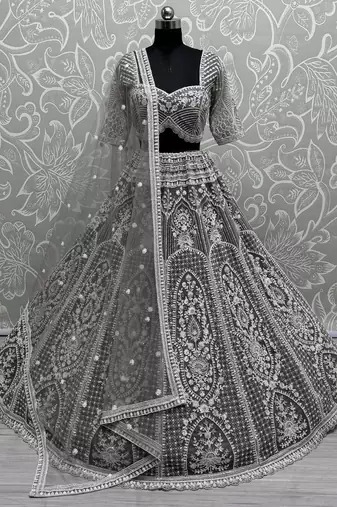 Grey Pearl Work Net Lehenga Choli