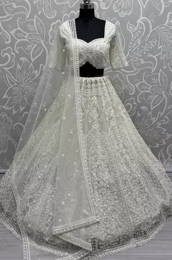 White Pearl Work Net Monochrome Lehenga Choli With Dupatta