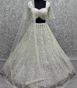 White Pearl Work Net Monochrome Lehenga Choli With Dupatta