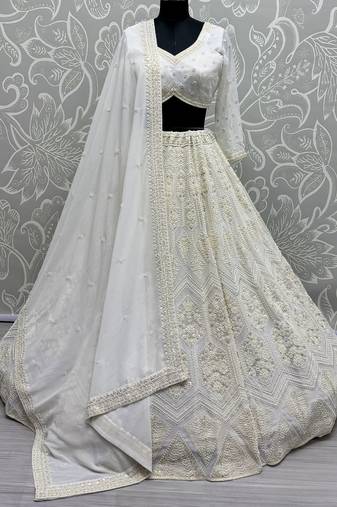 White Pearl Work Georgette Monochrome Lehenga Choli