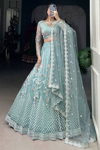 Sky Blue Thread Embroidered Net Lehenga Choli