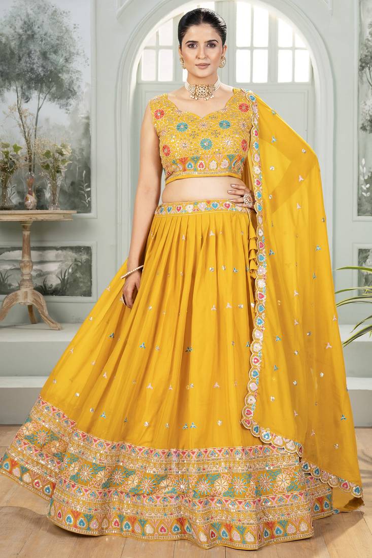 Mustard Yellow Embroidered Georgette Lehenga Choli