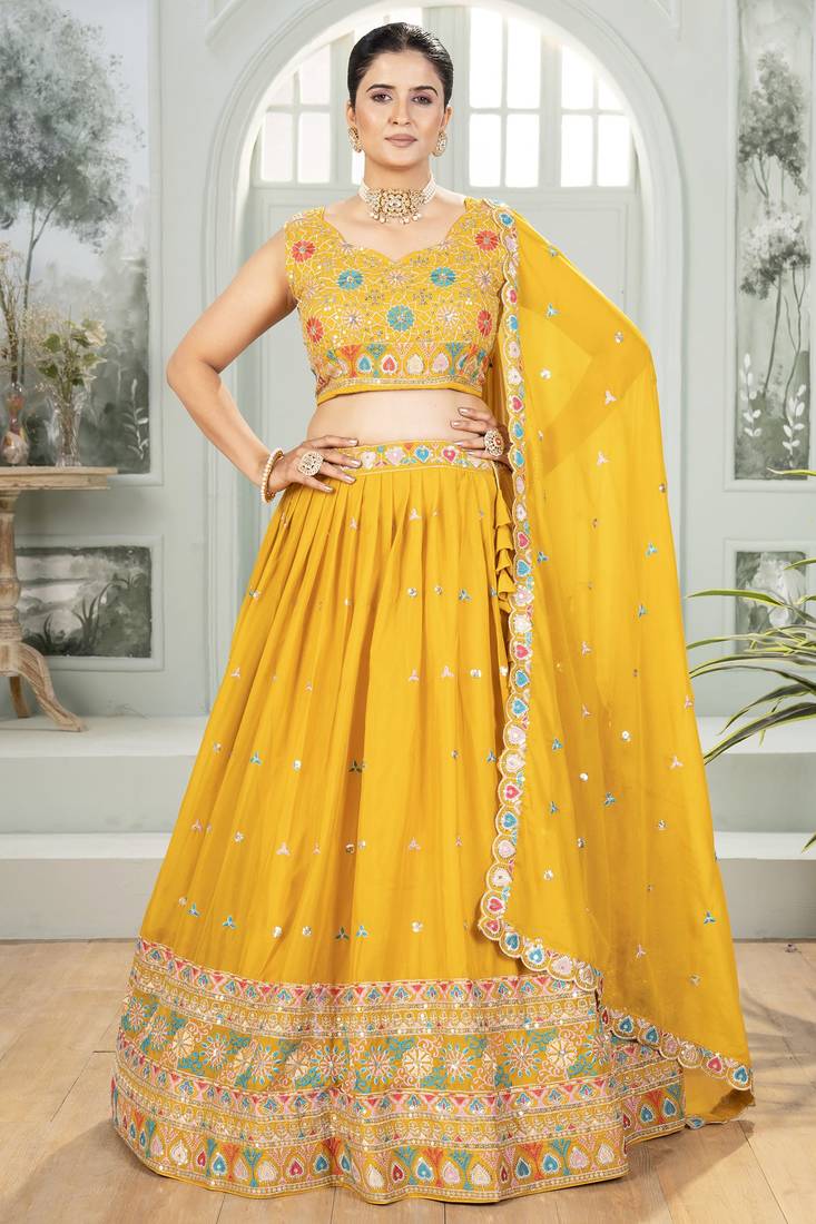 Mustard Yellow Embroidered Georgette Lehenga Choli