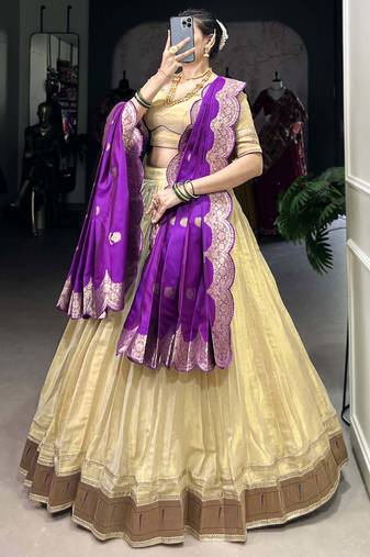 Cream Lehenga Choli With Purple Banarasi Dupatta