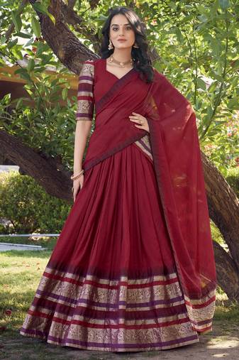 Red Chanderi Silk Zari WeavingLehenga Choli
