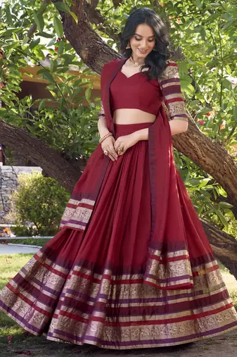 red chanderi silk zari weavinglehenga set choli with dupatta