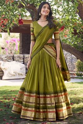 mehendi green chanderi silk zari weaving lehenga set choli with dupatta with dupatta 1