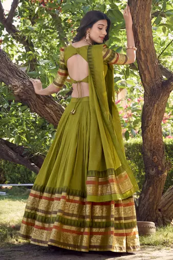 mehendi green chanderi silk zari weaving lehenga set choli with dupatta with dupatta