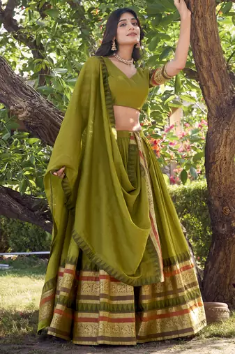 mehendi green chanderi silk zari weaving lehenga set choli with dupatta with dupatta