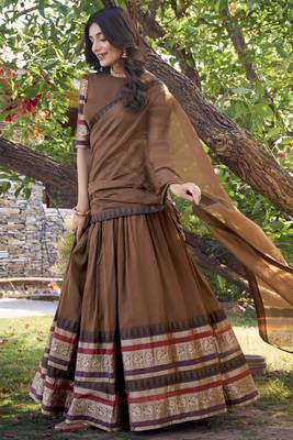 brown chanderi silk zari weaving lehenga set choli with dupatta 1