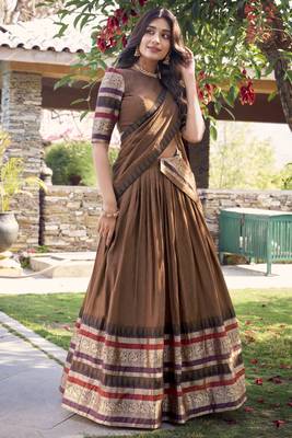 brown chanderi silk zari weaving lehenga set choli with dupatta 3